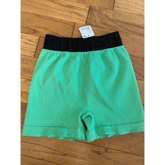 NWT Free People women's Ribbed Athletic Shorts Black Waistband & Green Body M/L - Picture 3 of 8